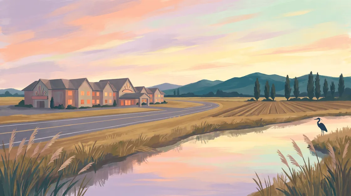 Illustration peinte : un long bâtiment bas d'hôtel et de casino au bord d'une route, sur les terres agricoles plates de Delta au coucher du soleil, un héron près du fossé