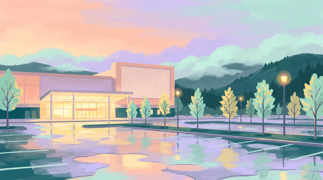 Illustration peinte : un bâtiment de divertissement bas avec une marquise vitrée, sur un large boulevard au pied de collines boisées, des flaques reflétant un crépuscule pastel