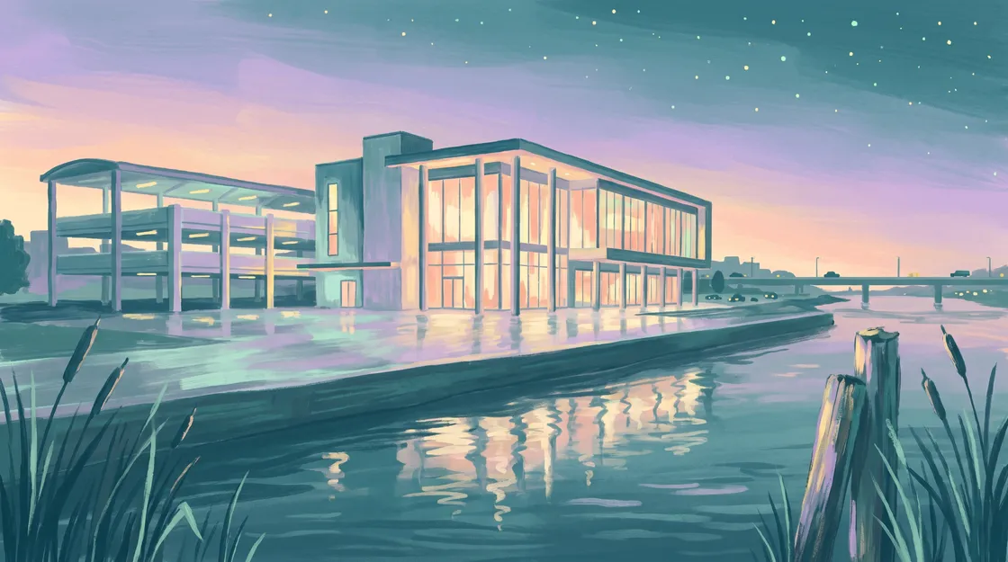Illustration peinte : un casino à façade vitrée et son stationnement étagé au bord d'un large fleuve, la nuit, les lumières se reflétant dans l'eau sous les étoiles