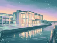 Casino peint au bord d'une rivière, la nuit